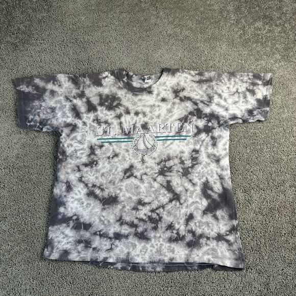 VINTAGE St Marteen Shirt Mens Extra Large Gray White Tie Dye Single Stitch 90s - Picture 1 of 8